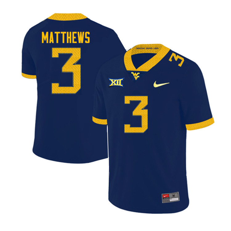 NCAA Men's Jackie Matthews West Virginia Mountaineers Navy #3 Nike Stitched Football College Authentic Jersey DK23J88LA